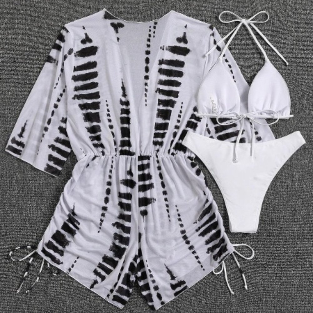 Black and White Halter Triangle Bikini Swimsuit With Cover Up - Picture 2 of 3